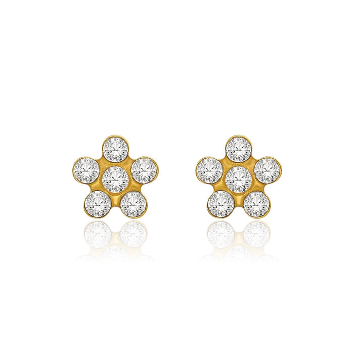 14K Solid Yellow Gold Rhinestone Crystals Flower Stud Earrings Ear Piercing Studs April Birthstone Jewelry