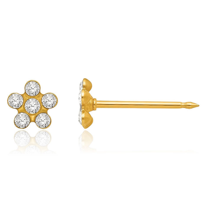 14K Solid Yellow Gold Rhinestone Crystals Flower Stud Earrings Ear Piercing Studs April Birthstone Jewelry