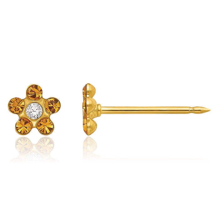 14K Solid Yellow Gold Rhinestone Crystals Flower Stud Earrings Ear Piercing Studs November Birthstone Jewelry