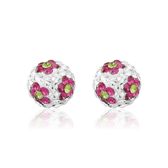 14K Solid Yellow Gold Rhinestone Crystals Pink Flowers 8mm Stud Earrings