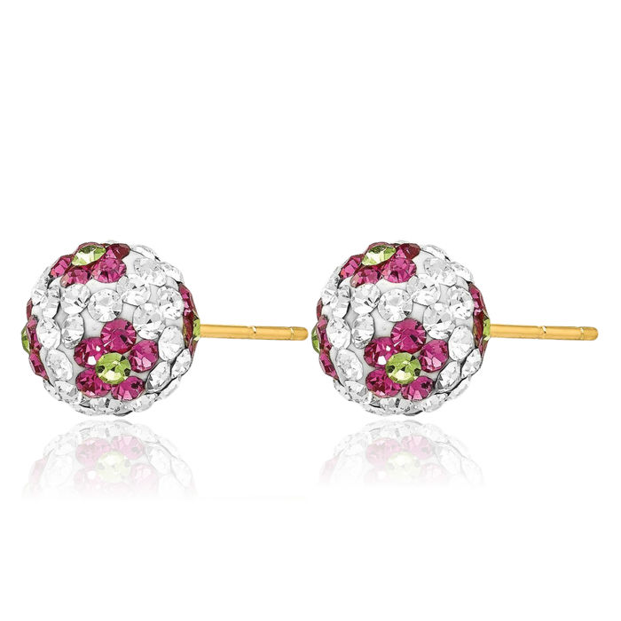 14K Solid Yellow Gold Rhinestone Crystals Pink Flowers 8mm Stud Earrings