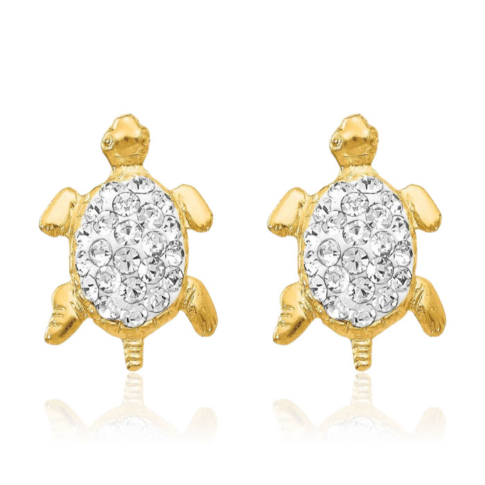 14K Solid Yellow Gold Rhinestone Crystals White Sea Turtle Stud Earrings