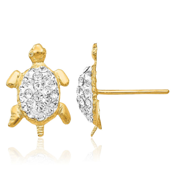 14K Solid Yellow Gold Rhinestone Crystals White Sea Turtle Stud Earrings