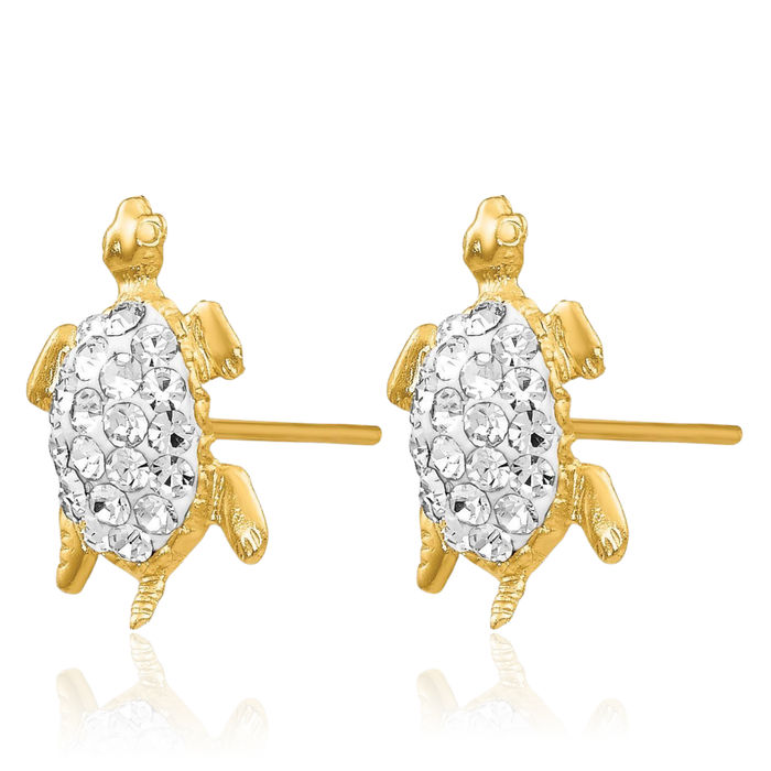 14K Solid Yellow Gold Rhinestone Crystals White Sea Turtle Stud Earrings