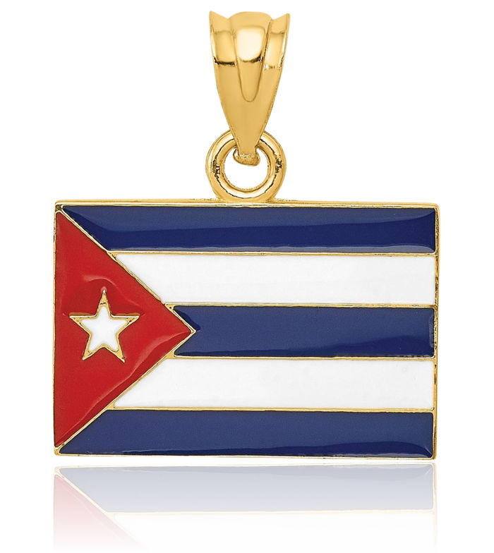 14K Solid Yellow Gold Cuba Flag Necklace Chain Pendant Charm