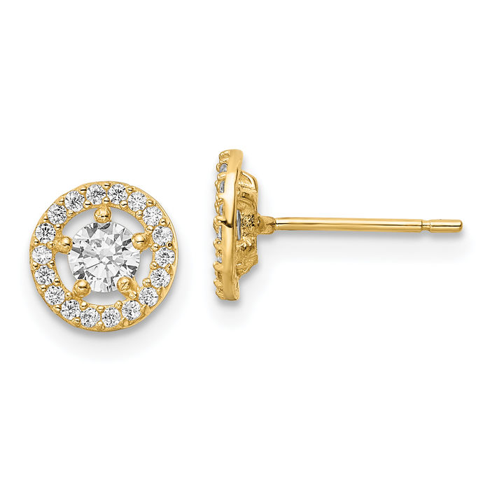 14K Solid Yellow Gold Cubic Zirconia CZ Halo Round Stud Earrings