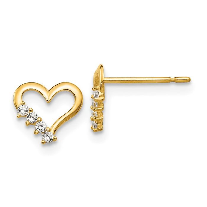 14K Solid Yellow Gold Cubic Zirconia CZ Heart Stud Earrings