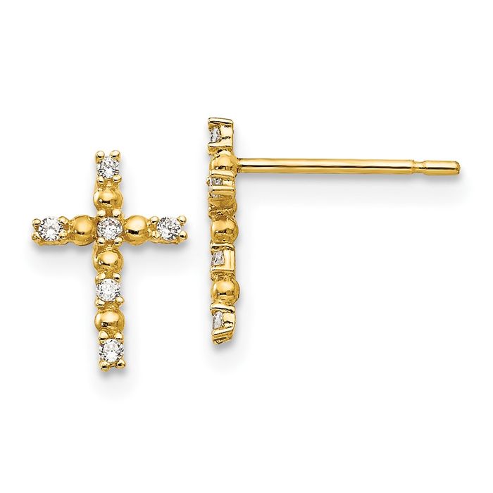 14K Solid Yellow Gold Cubic Zirconia CZ Holy Cross Drop Dangle Christian Religious Stud Earrings