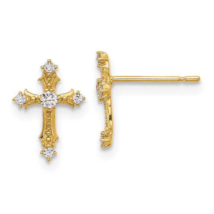 14K Solid Yellow Gold Cubic Zirconia CZ Passion Holy Cross Drop Dangle Christian Religious Stud Earrings