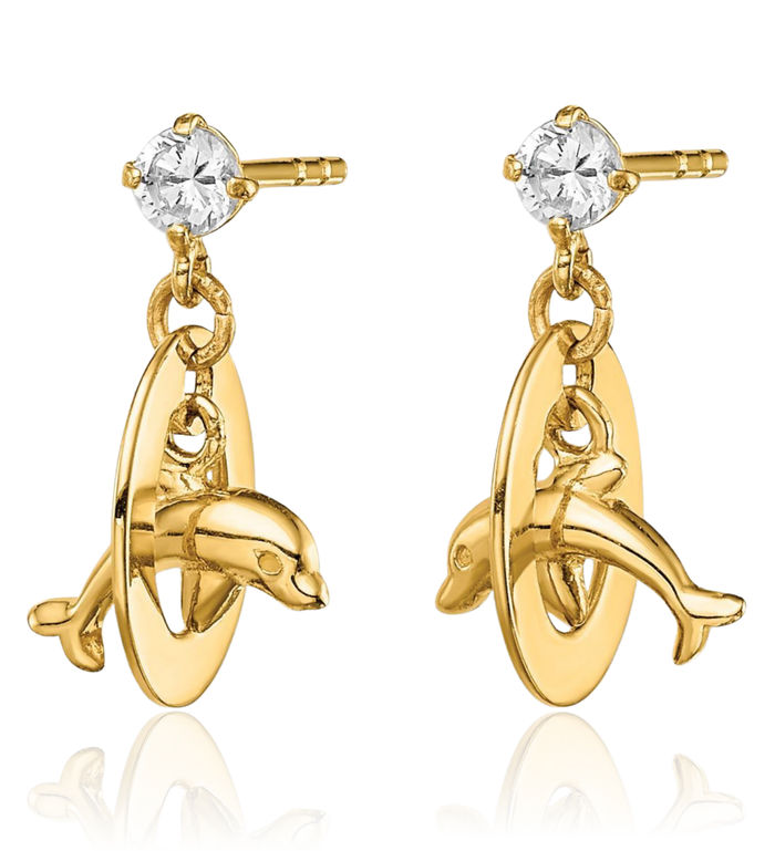 14K Solid Yellow Gold Cubic Zirconia CZ Oval Sea Dolphin Ocean Fish Beach Nautical Drop Dangle Earrings