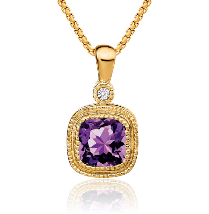 14K Solid Yellow Gold Cushion-Cut Purple Amethyst Diamond Necklace Charm Gemstone Pendant