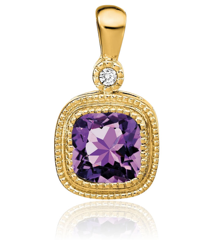 14K Solid Yellow Gold Cushion-Cut Purple Amethyst Diamond Necklace Charm Gemstone Pendant