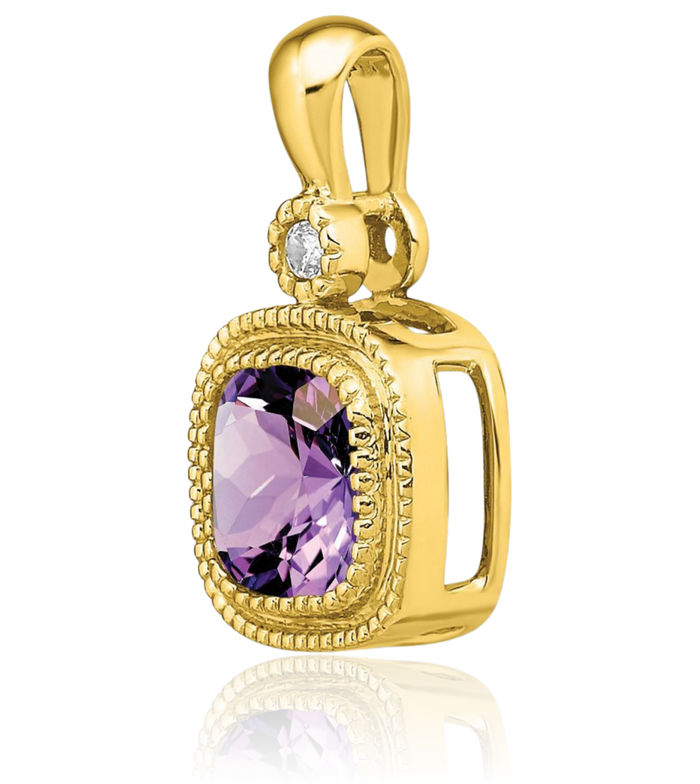 14K Solid Yellow Gold Cushion-Cut Purple Amethyst Diamond Necklace Charm Gemstone Pendant