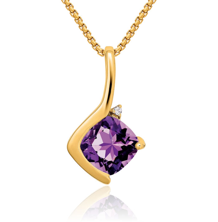 14K Solid Yellow Gold Cushion-Cut Purple Amethyst Diamond Necklace Charm Gemstone Pendant