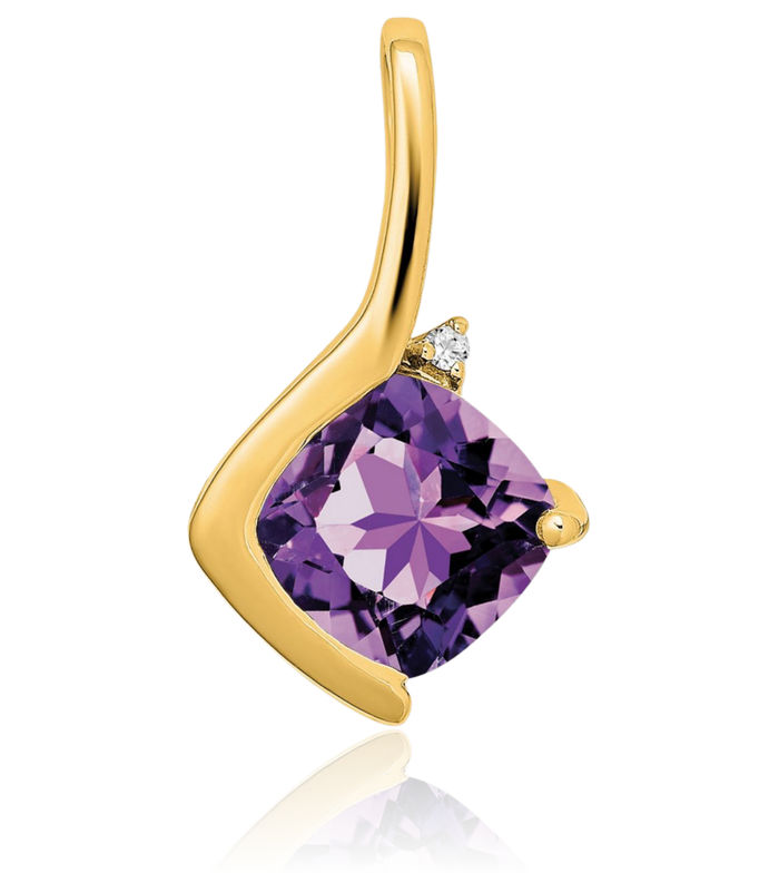 14K Solid Yellow Gold Cushion-Cut Purple Amethyst Diamond Necklace Charm Gemstone Pendant