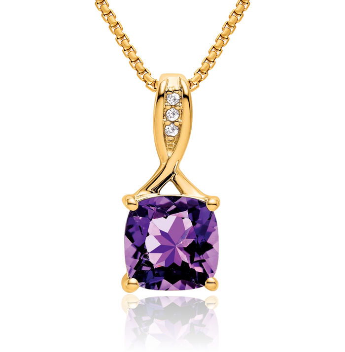 14K Solid Yellow Gold Cushion-Cut Purple Amethyst Diamond Necklace Charm Gemstone Pendant