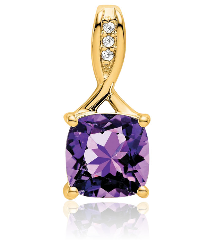 14K Solid Yellow Gold Cushion-Cut Purple Amethyst Diamond Necklace Charm Gemstone Pendant