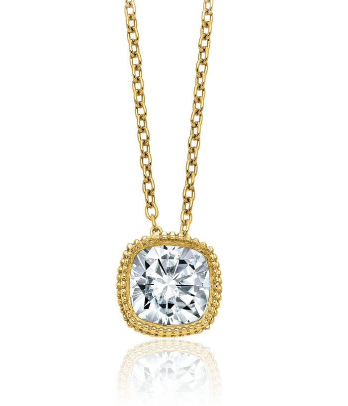 14K Solid Yellow Gold Cushion-Cut Beaded Necklace Chain Moissanite