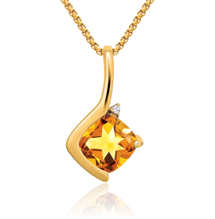 14K Solid Yellow Gold Cushion-Cut Orange Citrine Diamond Necklace Charm Gemstone Pendant