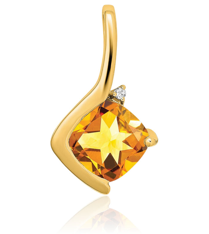 14K Solid Yellow Gold Cushion-Cut Orange Citrine Diamond Necklace Charm Gemstone Pendant