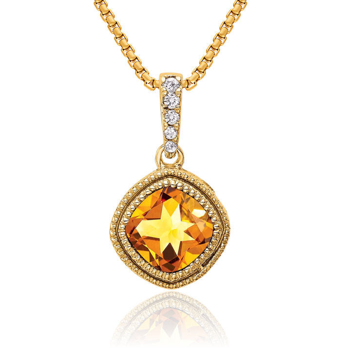 14K Solid Yellow Gold Cushion-Cut Orange Citrine Diamond Necklace Charm Gemstone Pendant