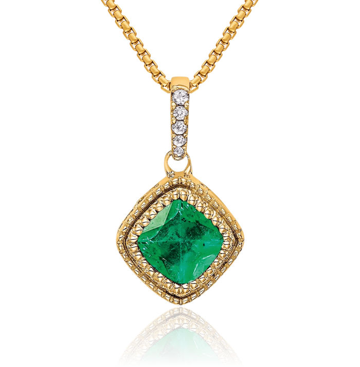 14K Solid Yellow Gold Cushion-Cut Green Emerald Diamond Necklace Charm Gemstone Pendant