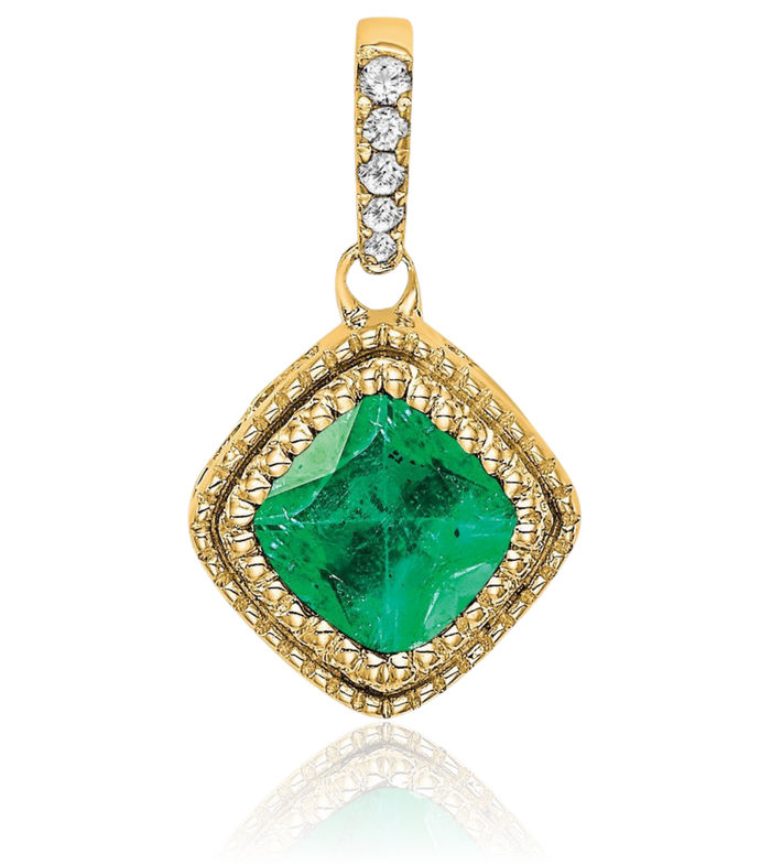 14K Solid Yellow Gold Cushion-Cut Green Emerald Diamond Necklace Charm Gemstone Pendant