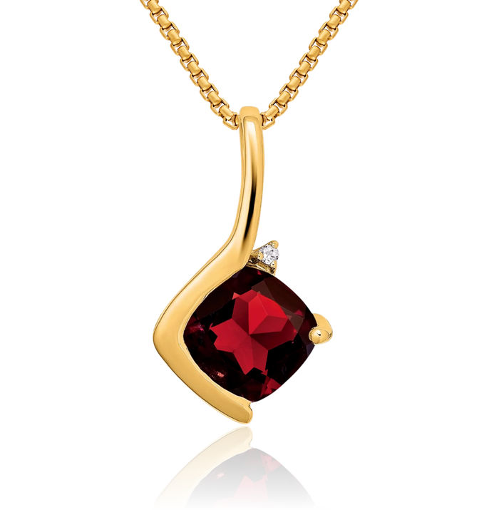 14K Solid Yellow Gold Cushion-Cut Red Garnet Diamond Necklace Charm Gemstone Pendant