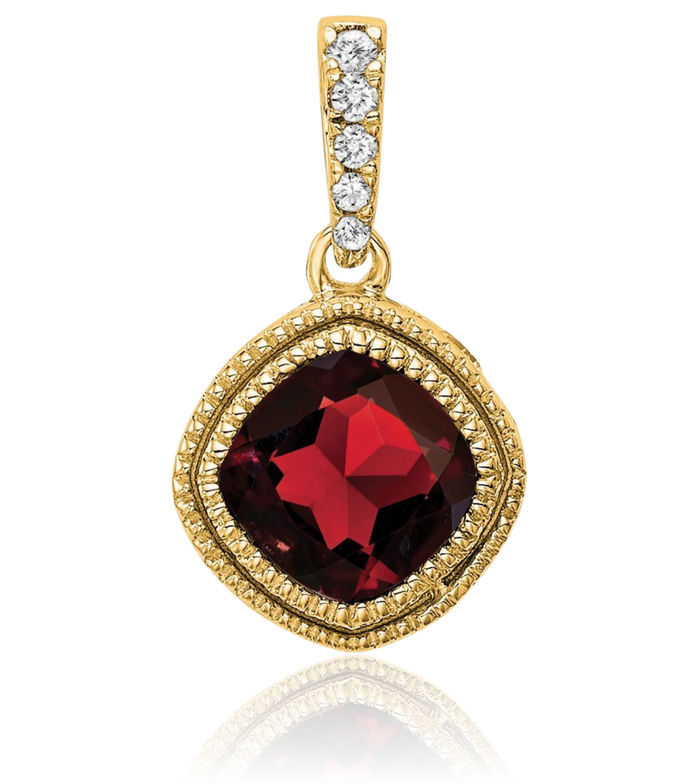 14K Solid Yellow Gold Cushion-Cut Red Garnet Diamond Necklace Charm Gemstone Pendant