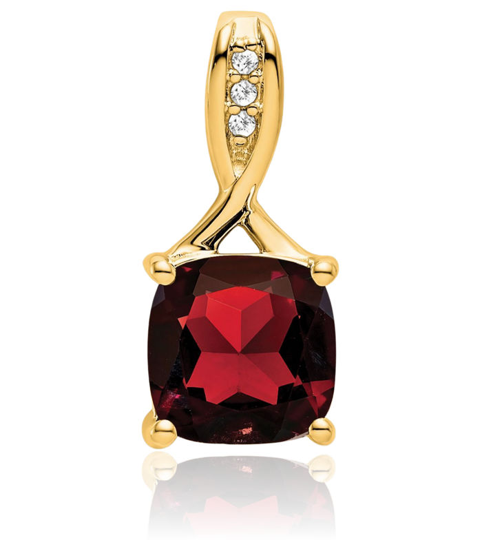 14K Solid Yellow Gold Cushion-Cut Red Garnet Diamond Necklace Charm Gemstone Pendant