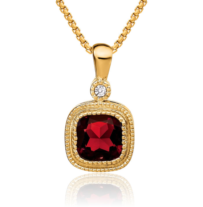 14K Solid Yellow Gold Cushion-Cut Red Garnet Diamond Necklace Charm Gemstone Pendant