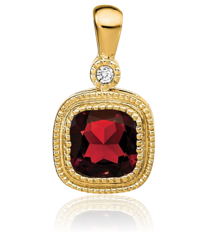 14K Solid Yellow Gold Cushion-Cut Red Garnet Diamond Necklace Charm Gemstone Pendant