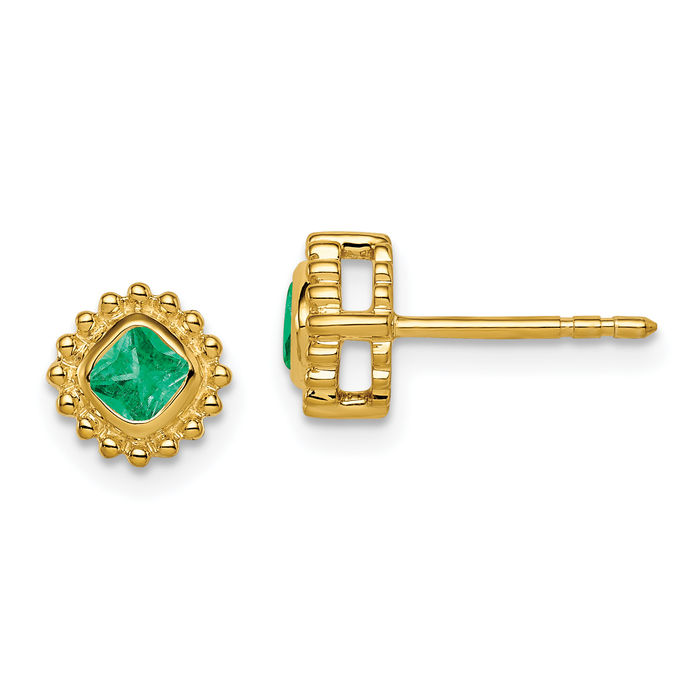 14K Solid Yellow Gold Cushion-Cut Green Emerald Stud Earrings May Birthstone Jewelry