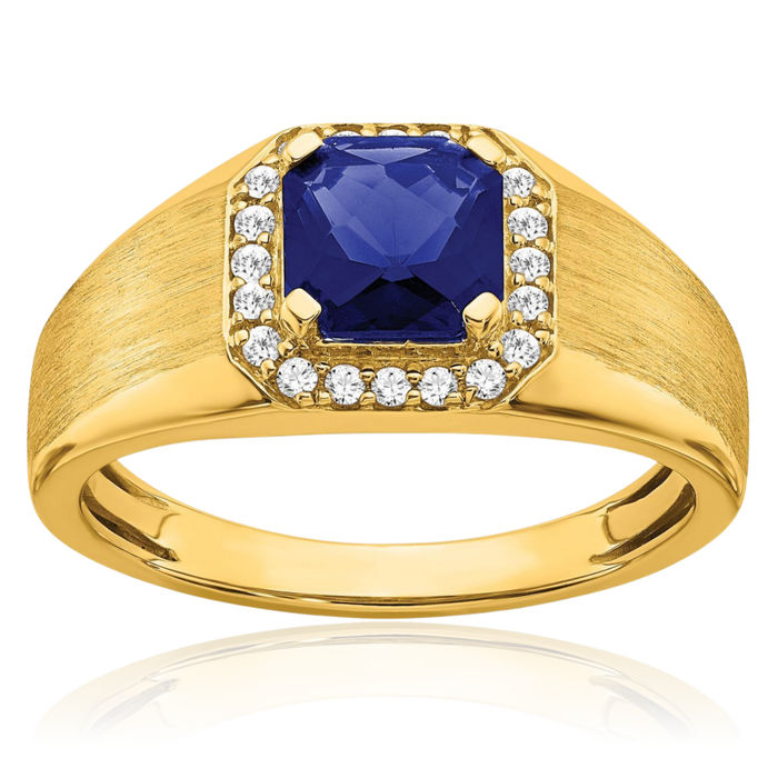 14K Solid Yellow Gold Cushion-Cut Lab Blue Sapphire Diamond Mens Ring