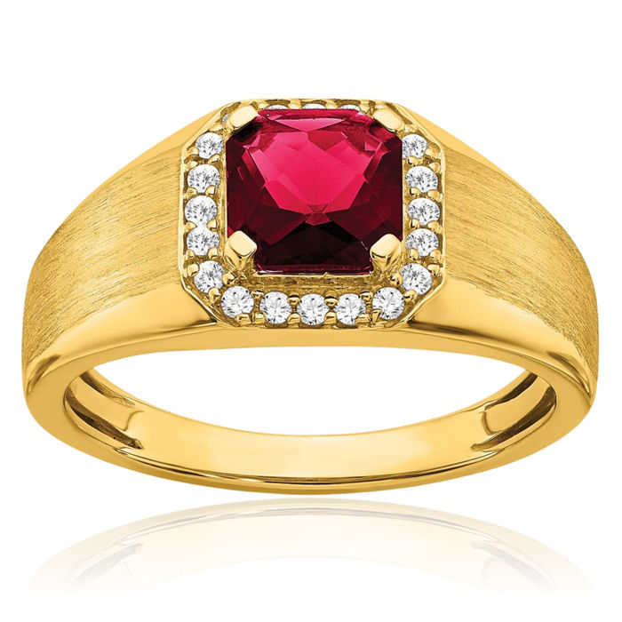 14K Solid Yellow Gold Cushion-Cut Lab Red Ruby Diamond Mens Ring