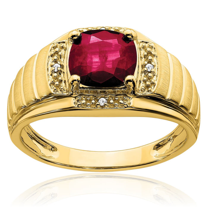 14K Solid Yellow Gold Cushion-Cut Lab Red Ruby Diamond Mens Ring