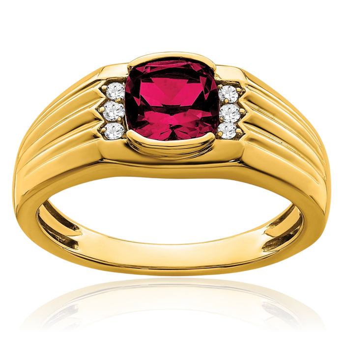 14K Solid Yellow Gold Cushion-Cut Lab Red Ruby Diamond Mens Ring