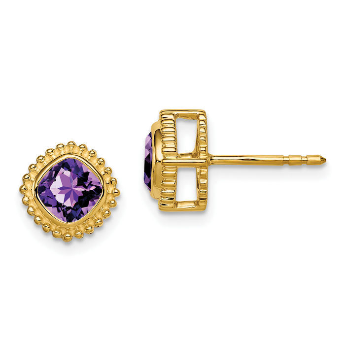 14K Solid Yellow Gold Cushion-Cut Purple Amethyst Stud Earrings February Birthstone Jewelry