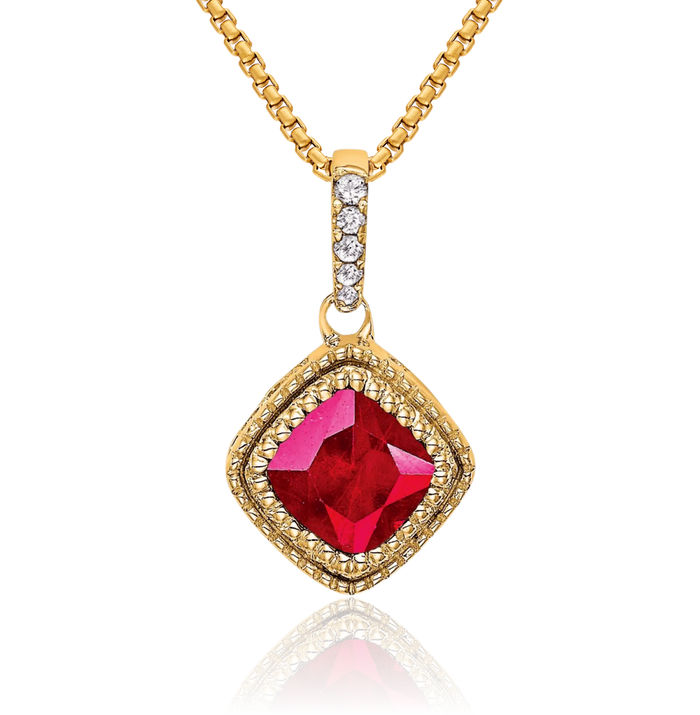 14K Solid Yellow Gold Cushion-Cut Red Ruby Diamond Necklace Charm Gemstone Pendant