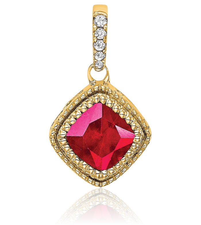 14K Solid Yellow Gold Cushion-Cut Red Ruby Diamond Necklace Charm Gemstone Pendant