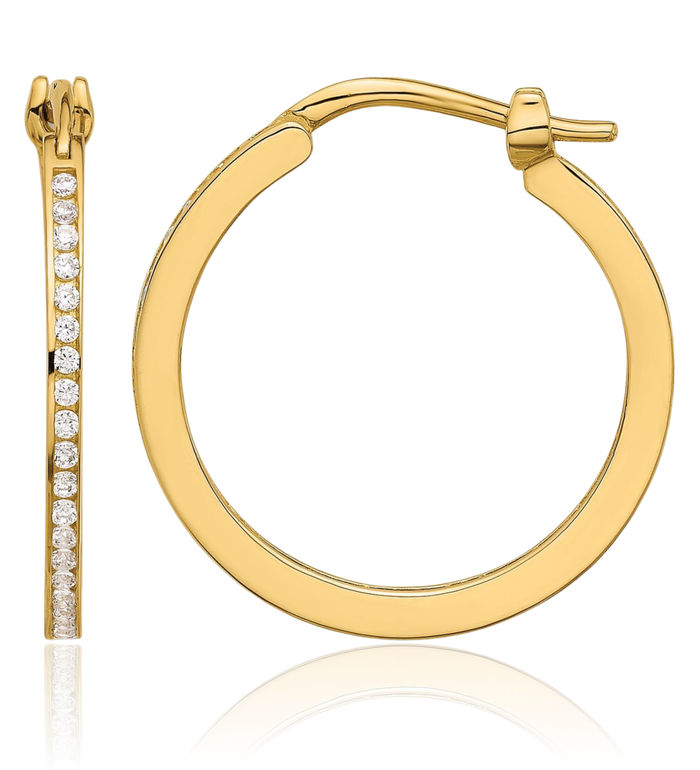 14K Solid Yellow Gold Cubic Zirconia CZ 1.5mm Round Hoop Earrings