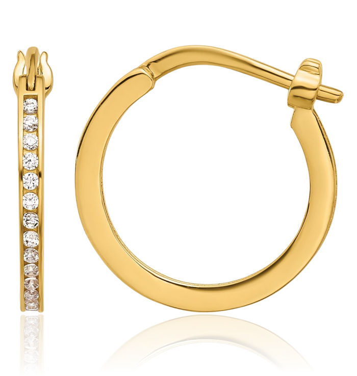 14K Solid Yellow Gold Cubic Zirconia CZ 1.5mm Round Small Hoop Earrings