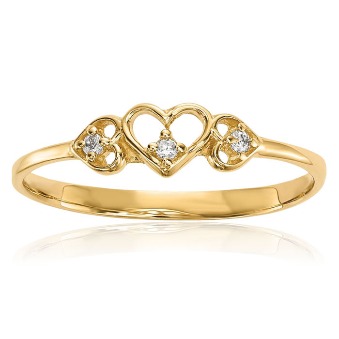 14K Solid Yellow Gold Cubic Zirconia CZ 3 Heart S Ring