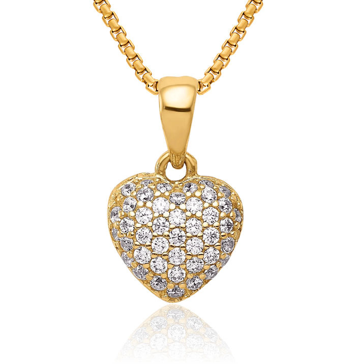 14K Solid Yellow Gold Cubic Zirconia CZ 3d Heart Necklace Love Pendant Charm