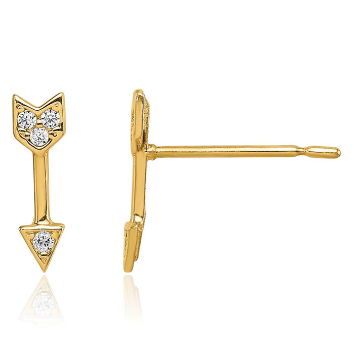 14K Solid Yellow Gold Cubic Zirconia CZ Arrow Stud Earrings