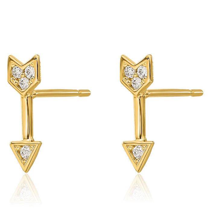 14K Solid Yellow Gold Cubic Zirconia CZ Arrow Stud Earrings