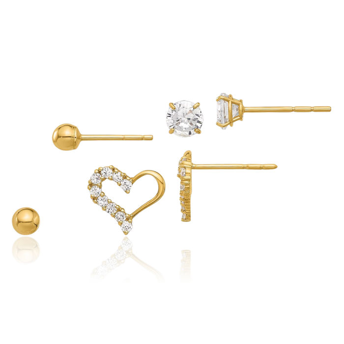 14K Solid Yellow Gold Cubic Zirconia CZ Ball Heart Stud Earrings Set