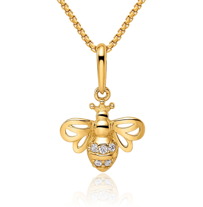 14K Solid Yellow Gold Cubic Zirconia CZ Queen Bumble Bee Necklace Honeybee Pendant Beekeeper Charm