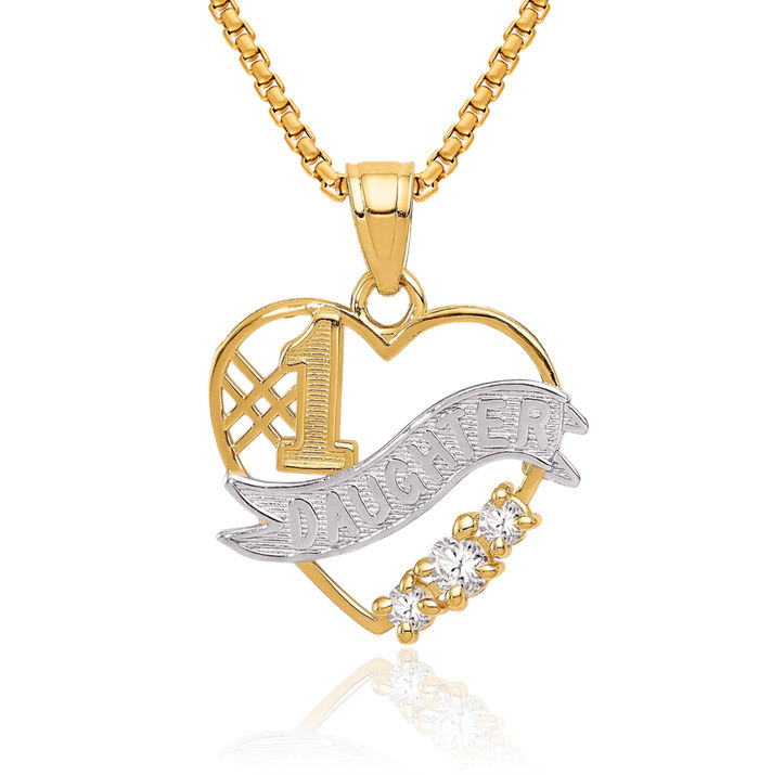 14K Solid Yellow Gold Cubic Zirconia CZ Best Daughter Heart Necklace Love Pendant Charm