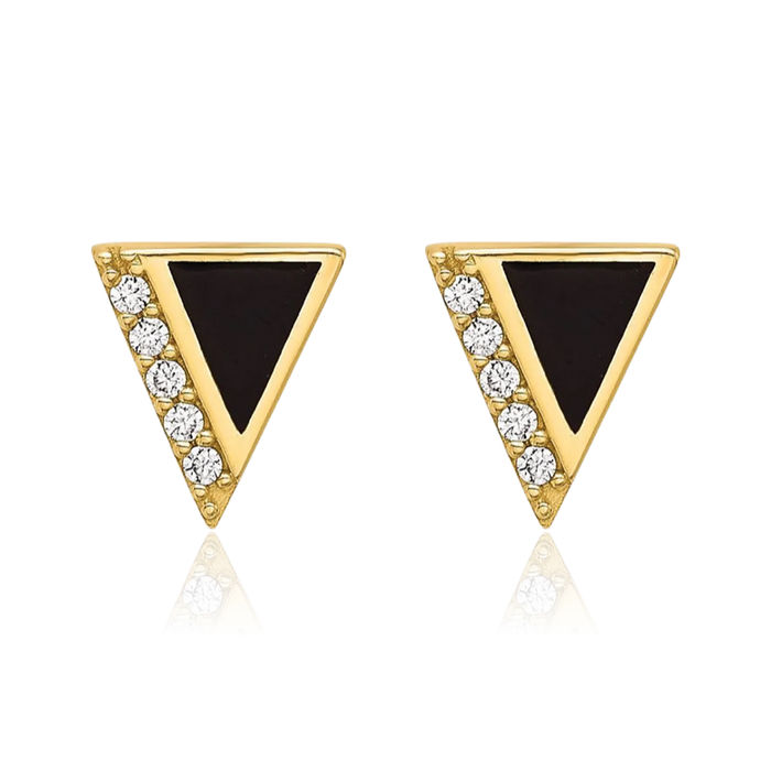 14K Solid Yellow Gold Cubic Zirconia CZ Black Triangle Stud Earrings